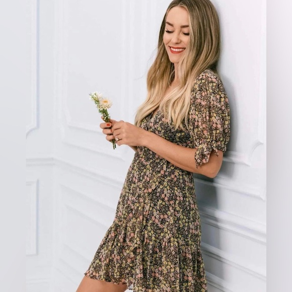 Lauren Conrad Brown Floral Button Side Mini Wrap Dress SZ M - Picture 1 of 15